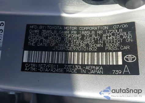 2007 Toyota Corolla Le z USA, uszkodzony, nr VIN JTDBR32E970101802